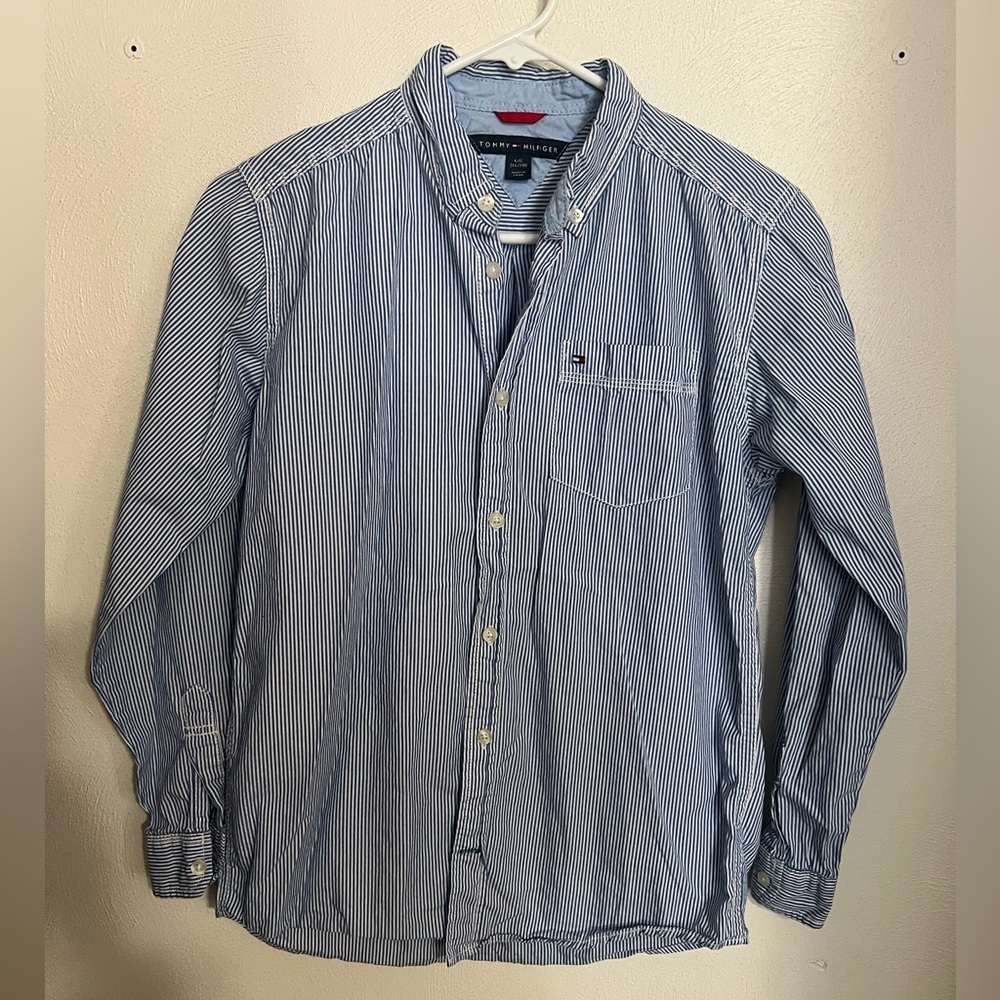 TOMMY HILFIGER Classic 100% Cotton Striped Casual Button‎ Down Blue White Boys L